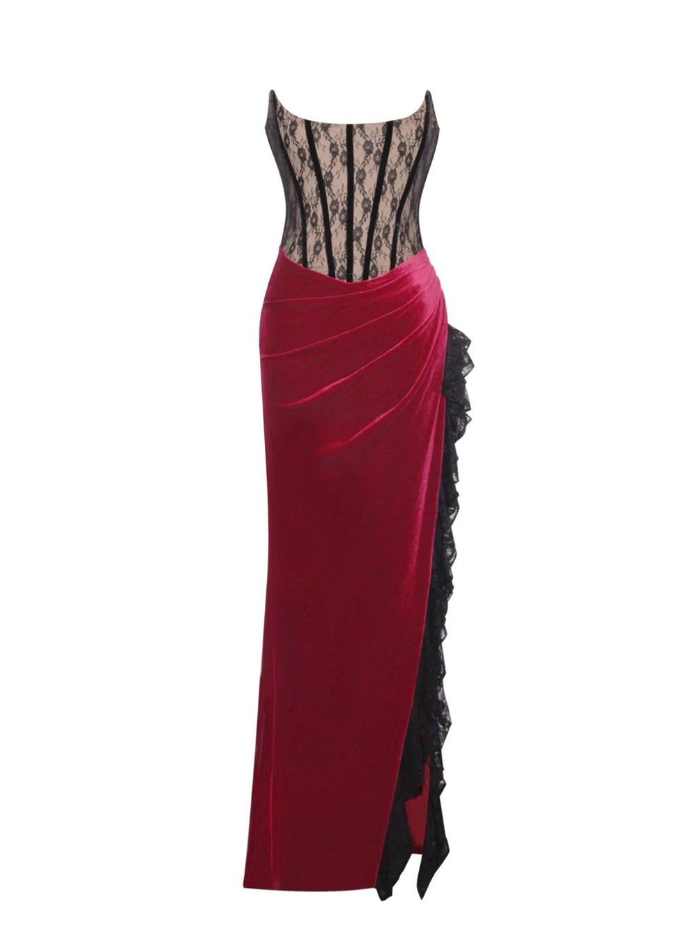 Black Lace & Burgundy Velvet Evening Gown